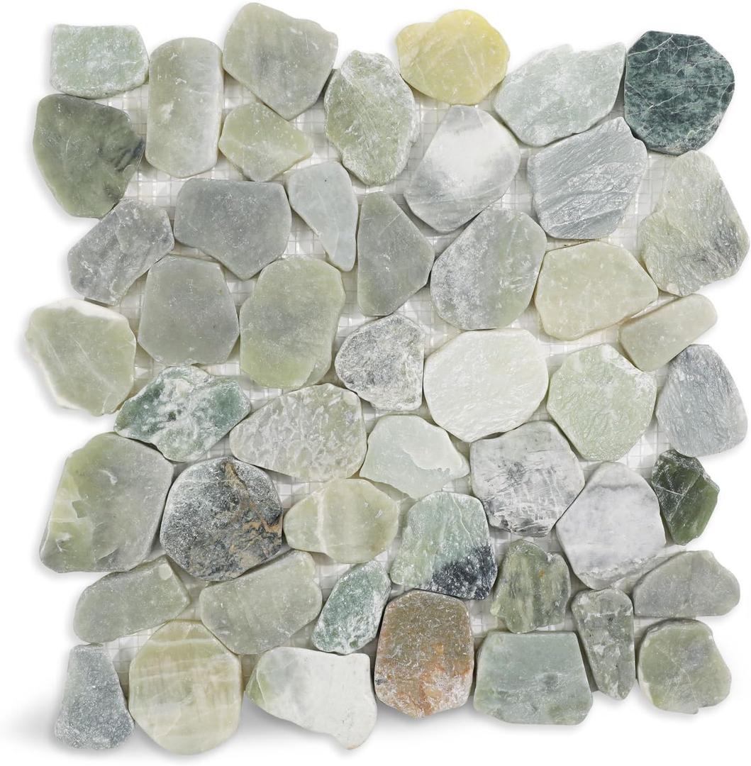 Green Sliced Stone Pebble Mosaic Tile, 12" x 12" Stone Pebble Backplash for Bathroom Kitchen Shower Floors and Wall Decor and Outdoor Areas, Pack of 5