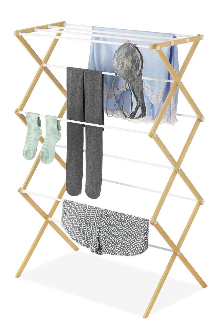 Whitmor Foldable Clothes Drying Rack: 3 Tier Laundry Drying Rack, Collapsible Drying Rack Clothing, Portable Space Saving Clothing Rack for Indoor Outdoor, 17.0 L x 29.5 W x 43.5 H, Wood