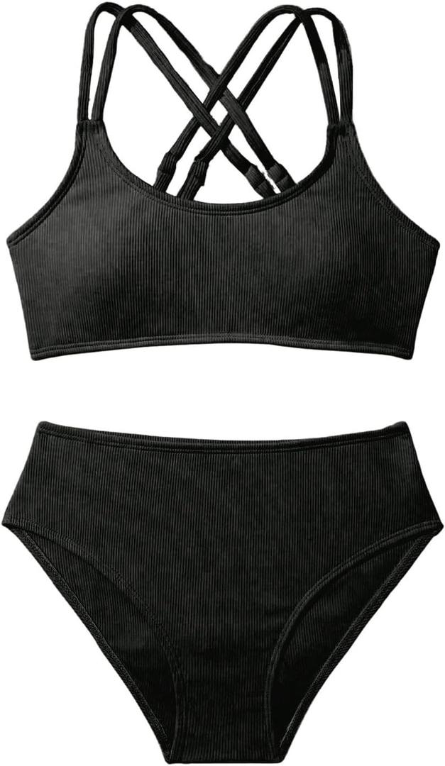 Milumia Girl's 2 Piece Swimsuits Criss Cross Spaghetti Strap Bikini Sets Swimwear Black 11Y