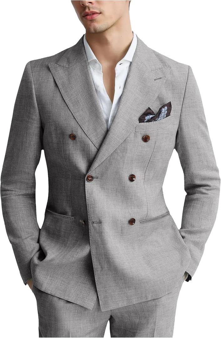 Mens Suits Linen 2 Piece Suit for Men Peak Lapel Slim Fit Suits Set Double Breasted Tuxedos for Wedding Prom, Light Grey (L)