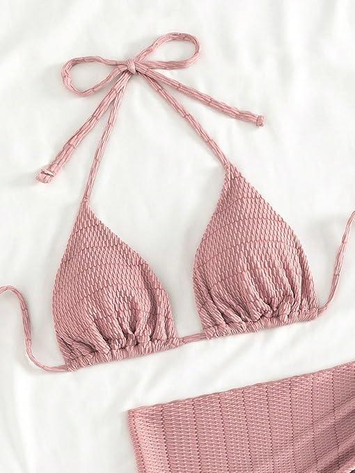 SOLY HUX Bikini Sets for Women Halter Triangle Bathing Suit with Beach Skirt 3 Piece Swimsuit Solid Pink Large