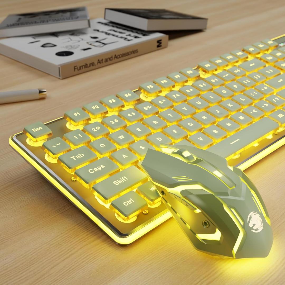 V3 Wireless Keyboard and Mouse with Single Backlit, Metal Panel, Bluetooth/2.4G Rechargeable Silent Keyboard and Mouse Combo Light up Full Size Cute Keyboards-Green