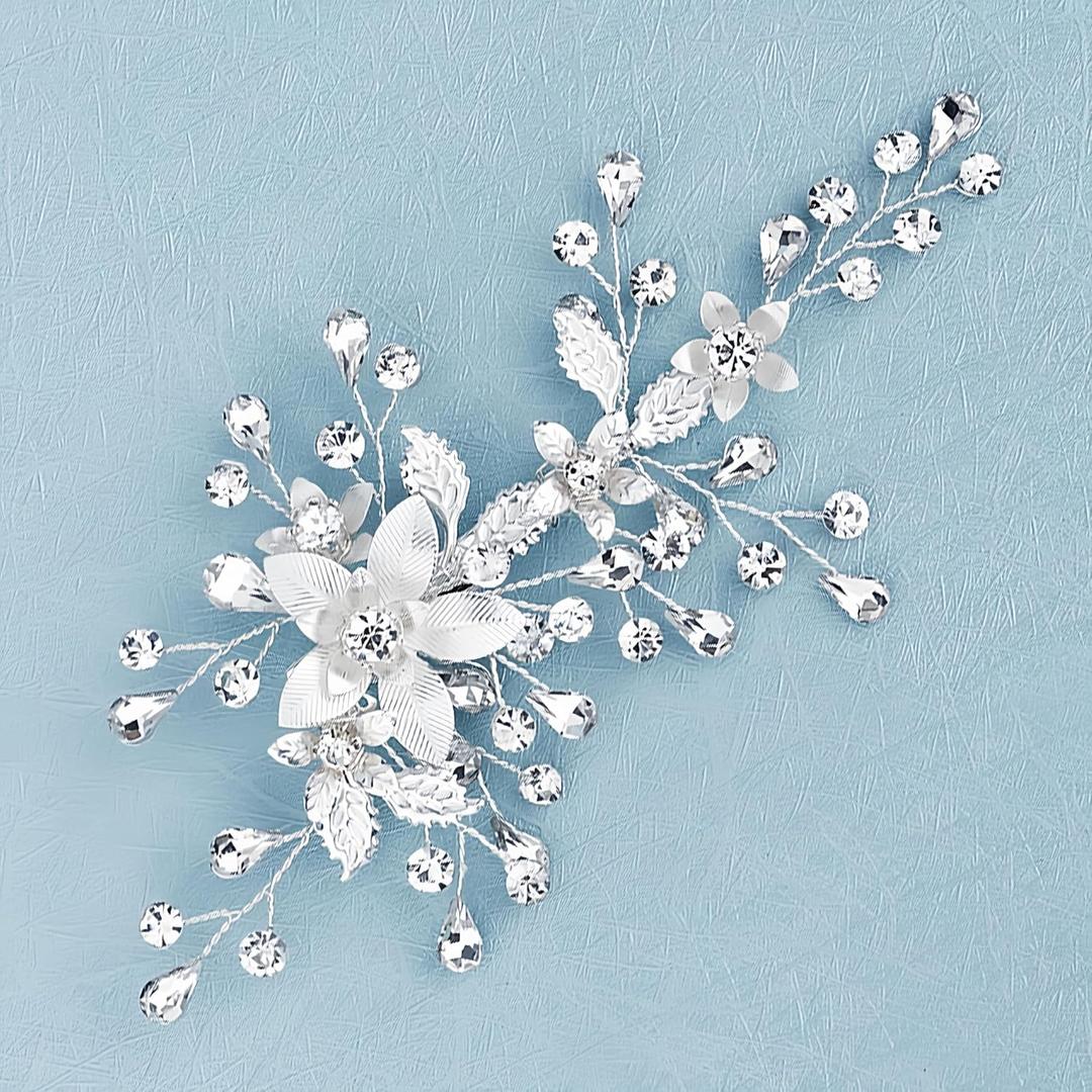 2 x Refined Handmade Flower Bridal Hair Pins, Silver Wedding Hair Clips for Women, Decorative Hair Accessories for Bride and Formal Events, 2.36" x 5.12" (Silver)