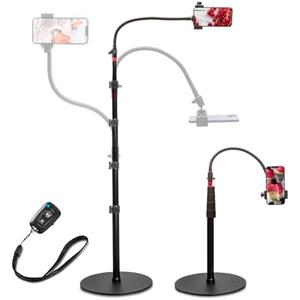 Phone Overhead Stand, Gooseneck Phone Floor Stand, Tall Video Cell Phone Mount with Height Adjustable Stand, Heavy Base, 360 Head, Works with iPhone 16, 16 Pro Max, 16 Plus, 15, 14, 13