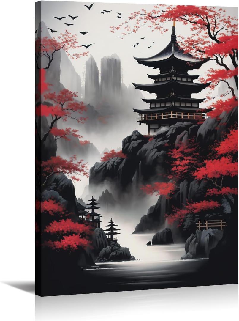 KPLUNDO Japanese Wall Art Asian Landscape Canvas Prints Red and Black Cherry Blossom Trees Picture Vintage Painting for Bathroom Living Room Bedroom Home Wall Decor(Art-1,16.00x24.00 inch)