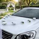 GWHOLE Wedding Decorations for Car, Just Married Car Decorations White Roses Artificial Flowers Bouquet Ribbon Set with 2 Tulle Ribbons for Wedding, Party