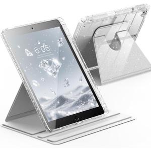 INFILAND Rotating Case for iPad 9th Generation (2021) / 8th Generation (2020) / 7th Generation (2019) 10.2 Inch 360 Rotating Cute Glitter Cover with Crystal Clear Back, Pencil Holder (Silver)