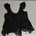 GCZREN Women Y2K Lace Sweetheart Neck Cap Sleeve Asymmetrical Hem Peplum Top Ruffle Tiered See Through Crop Tee Shirt Black, M