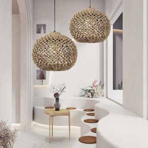 1 Light Seagrass Chandelier Rustic Kitchen Pendant, Woven Farmhouse Wicker Rattan Dining Room Ceiling Fixture, 16.53" W Handmade Hanging Light for Bedroom Living Room