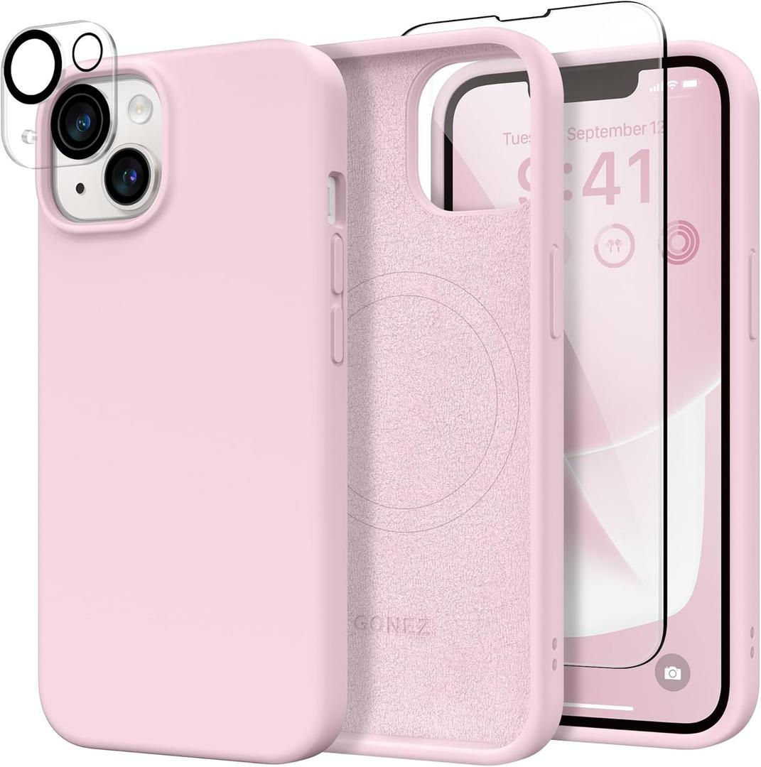 GONEZ Magnetic for iPhone 14 Case, Compatible with Magsafe, with Screen Protector + Camera Protector, Anti-Scratch Microfiber Lining, Liquid Silicone Shockproof Protective Phone Case, Hot Pink