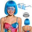 rookea Blue Bob Wig Star Sunglasses Hair Cap Pack for Women, Neon Colored Bob Wigs Party Fancy Hairpieces for Birthday Bachelor Princess Christmas Party Music Festival Stage Photography Fashion Show