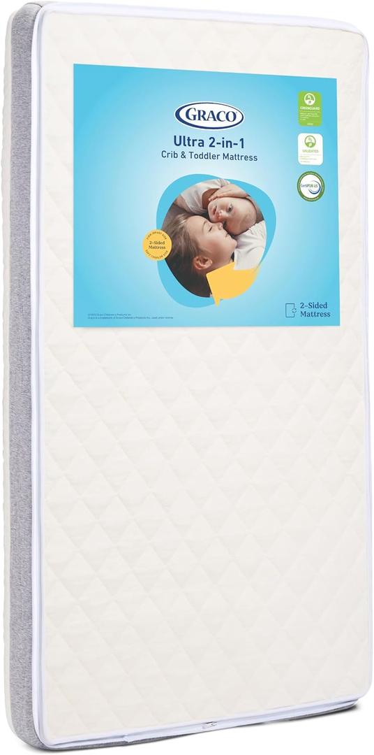 Graco Ultra 2-in-1 Premium Dual Sided Crib & Toddler Mattress - GREENGUARD Gold, CertiPUR-US Certified Foam, Machine Washable Cover with 100% Waterproof Surface, Fits Standard Crib & Toddler Beds, 1 Count