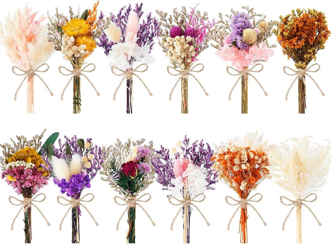 12/24 PCS Charming Dried Flowers Bouquet for Vase Various Dried Wildflowers with Stems Mini Handmade Wildflowers Natural Real Flowers Bulk Flowers Craft (Blossoms, 12 PCS)