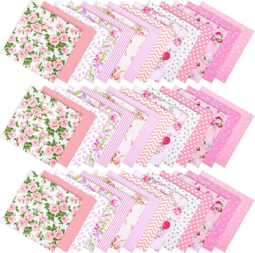 42Pcs 9.8"x9.8" Quilting Cotton Fabric Squares, Sewing DIY Patchwork Craft Fabric, Pre-Cut Printed Floral Craft Fabrics, Pink Flower Quilting Patchwork Squares with Wavy Edges, for DIY Handmade Decor