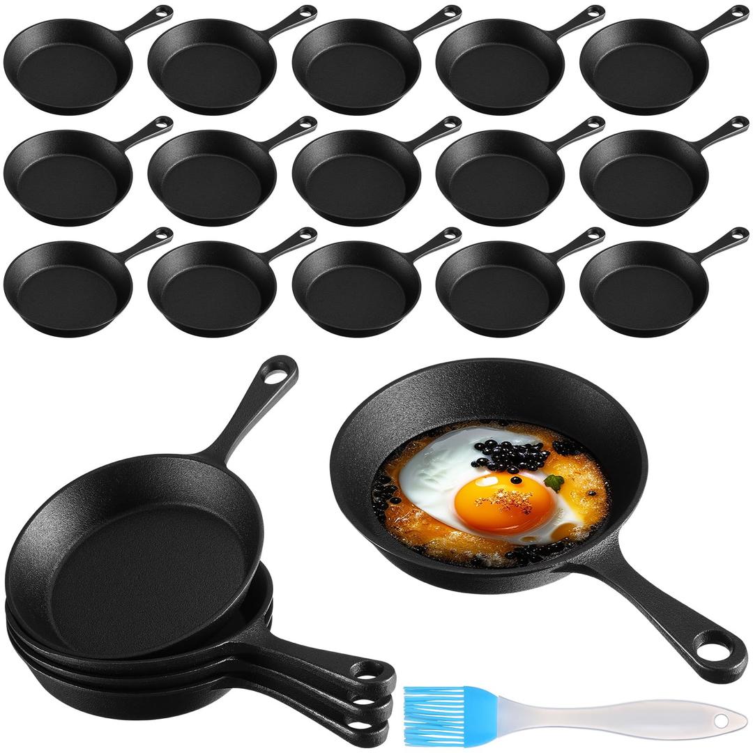 Skylety 16 Sets 6. 3 Inches Mini Cast Iron Skillets Small Black Sizzling Plate Cast Iron Skillets Frying Pan Set with Oil Brush for Indoor Outdoor Restaurant Kitchen