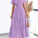 PRETTYGARDEN Womens 2026 Summer Maxi Dress Short Sleeve V Neck Hollow Out Eyelet A Line Long Flowy Beach Vacation Dresses (Purple, L)