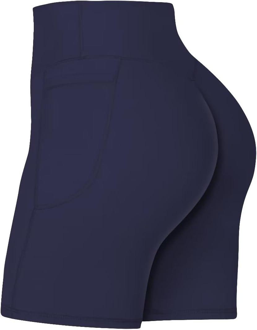 Sunzel No Front Seam Biker Shorts for Women with Pockets, Yoga Workout Gym Bike Shorts with Tummy Control (Large, Ash Blue)