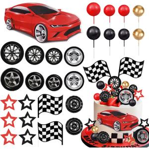 MEMOVAN Racing Wheel Cake Topper 27PCS Race Car Cake Toppers Tyre Cake Decorations Checkered Flag Car Cake Cupcake Decoration for Man Boy Kid Racing Car Theme Birthday Supplies