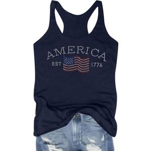 ASTANFY American Flag Tank Top Women Sparkle 4th of July Sleeveless Top Summer Patriotic Shirt Sparkle Graphic Tees (X-Large, Blue)