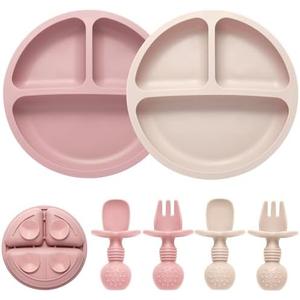 Eascrozn Silicone Feeding Set, Pack of 2 Divided Toddler Plates with Suction, 2 Pack Utensils - Spoons & Forks, BPA Free, Baby Led Weaning Supplies