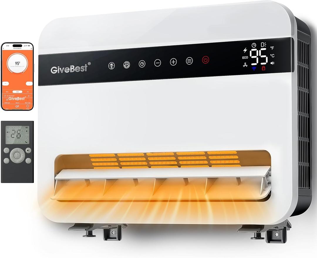 Givebest-Wall-Heater-for-Indoor-Use, 1500W Electric-Space-Heater, 120Vertical Oscillation,Compatible with Alexa, Adjustable Thermostat, Remote Control, 24H Timer, Easy-mounted Heater for Indoor Use (White)