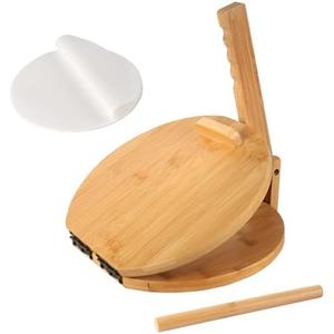 Wooden Tortilla Press 10 Inches with Rolling Pin & 50 Pcs Parchment Paper Mexican Tortillera Presser Homemade Tortillas Roti Pataconera Dough Press