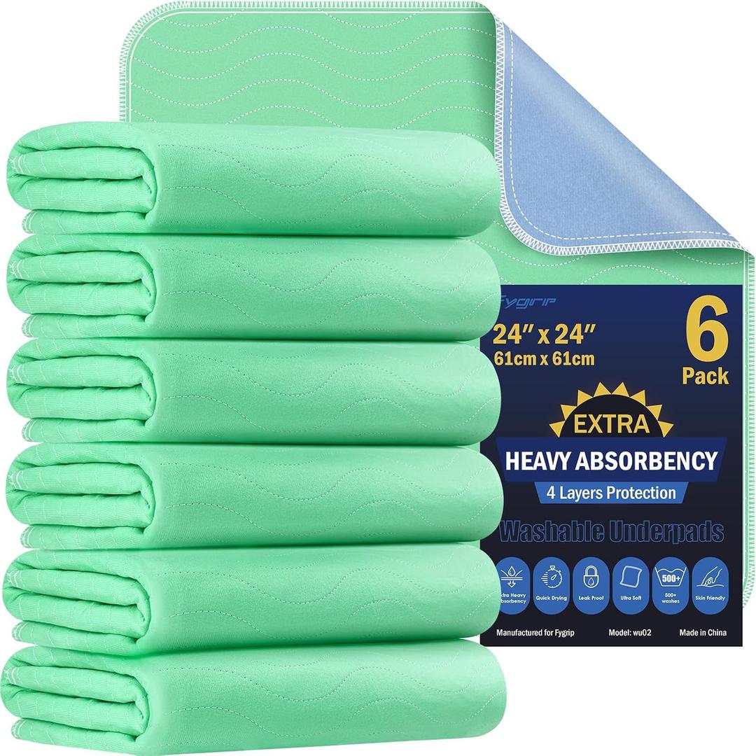 6 Pack 24 x 24 Extra Heavy Absorbency Washable Underpads, Waterproof Nursing Pads Incontinence Bed Pads, Reusable Washable Pee Pads for Dogs, Diaper Changing & Adults, Washable Puppy Pads, Green
