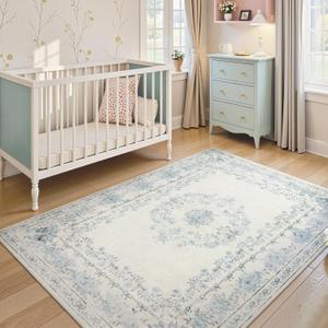 Wonnitar Bow Floral 5x7 Washable Rug, Blue Area Rug for Kids Room, Ultra-Thin Non Slip Soft Neutral Aesthetic Decor Carpet for Living Room Farmhouse Dining Room Office Playroom