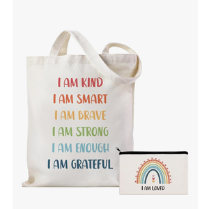 Positive Affirmations Gifts for Women Inspirational Canvas Tote Bag with Rainbow Makeup Bag I Am Kind I Am Smart Motivational Gifts for Women Teacher Nurse Coworker Birthday Back to School Supplies