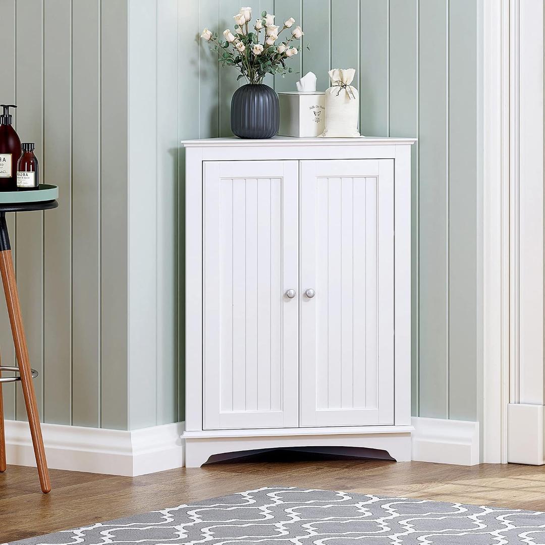 Spirich Floor Corner Cabinet with Two Doors and Shelves, Free-Standing Corner Storage Cabinets for Bathroom, Kitchen, Living Room, White