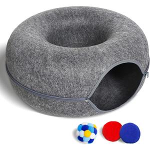 Cat Tunnel Bed for Indoor Cats with 3 Toys, Scratch Resistant Donut Cat Bed, Up to 9 Lbs (M 20x20x9, Dark Grey)