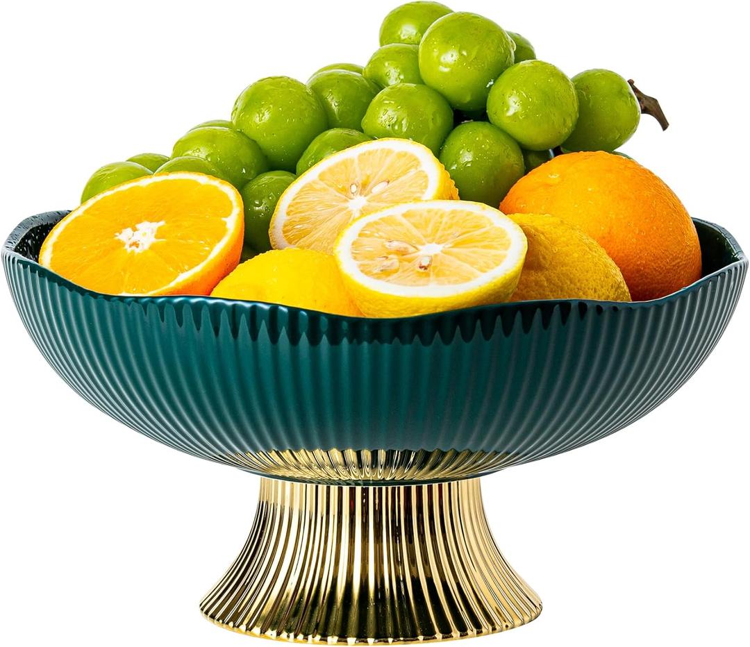Ceramic Fruit Bowl,10 Pedestal Bowl, Decorated Fruit Tray for Kitchen Counter and Dining Table, Footed Bowls for Afternoon Tea Parties, Bread and Salad Bowl with Golden Feet. (green)