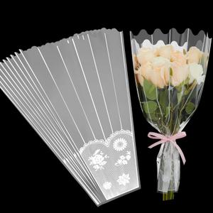 Leinuosen 150 Pcs Flower Bags for Bouquet Plastic Transparent Floral Wrapping Bags 11 x 17 Inch Clear Bouquet Sleeves Bulk with Lace Decor Disposable Shop Packaging for Valentine