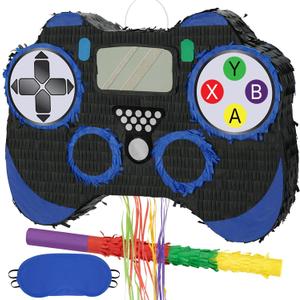 WERNNSAI Video Game Piata - Game Controller Piata Bundle with Blindfold and Bat for Boys Kids Piata Gaming Theme Party Decoration Supplies Pull String Piata for Birthday Party Celebration Blue