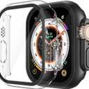 Misxi 2 Pack PC Case Built-in Tempered Glass Screen Protector Compatible with 49mm Apple Watch Ultra 3 (2025) / Ultra 2 / Ultra, Shockproof Protective Cover with Button for iWatch, 1 Black + 1 Transparent