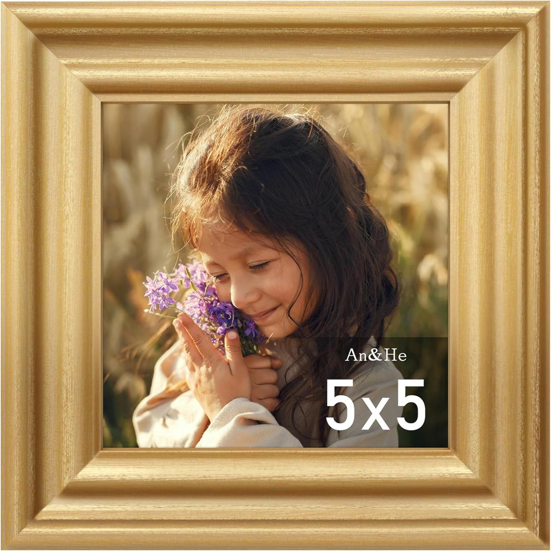An&He 5x5 Photo Frame, Classic Wood Grain Decorative Frame with PS Front Cover Gold