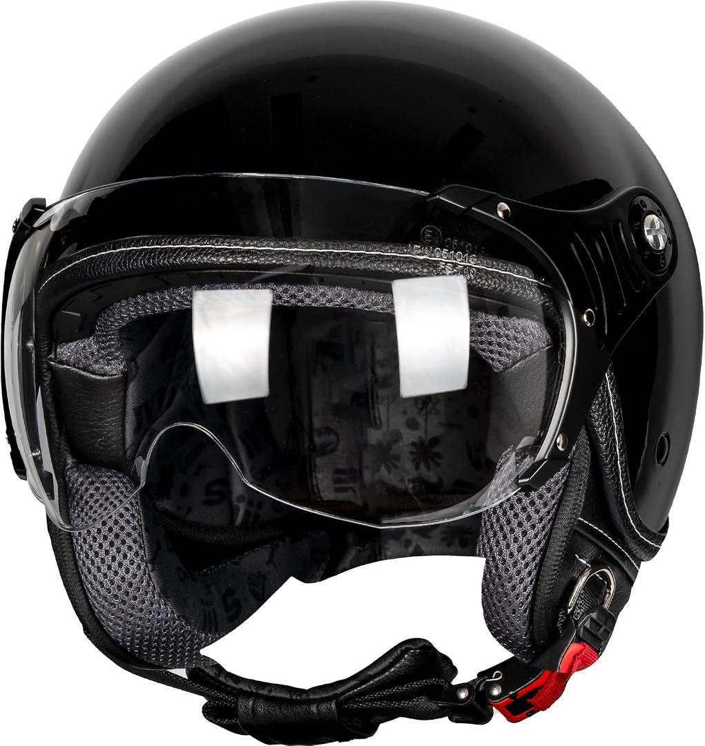 Yesmotor 3/4 Motorcycle Helmets Retro Open Face Vespa Scooters Helmet with Clear Visor for Men and Women- DOT Approved