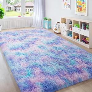 Ophanie Rainbow Purple Mermaid Rugs for Living Room 6x9, Kids Fluffy Shag Fuzzy Plush Soft Carpets, Floor Shaggy Area Rugs for Bedroom, Carpet for Kids Girls Dorm Nursery Home Decor Aesthetic