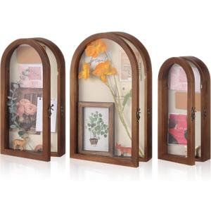 DoubleFill Set of 3 Wooden Shadow Box Frame with Removable Shelves Arch Shape Rustic Brown Memory Picture Frame Wedding Bouquet Keepsakes Box