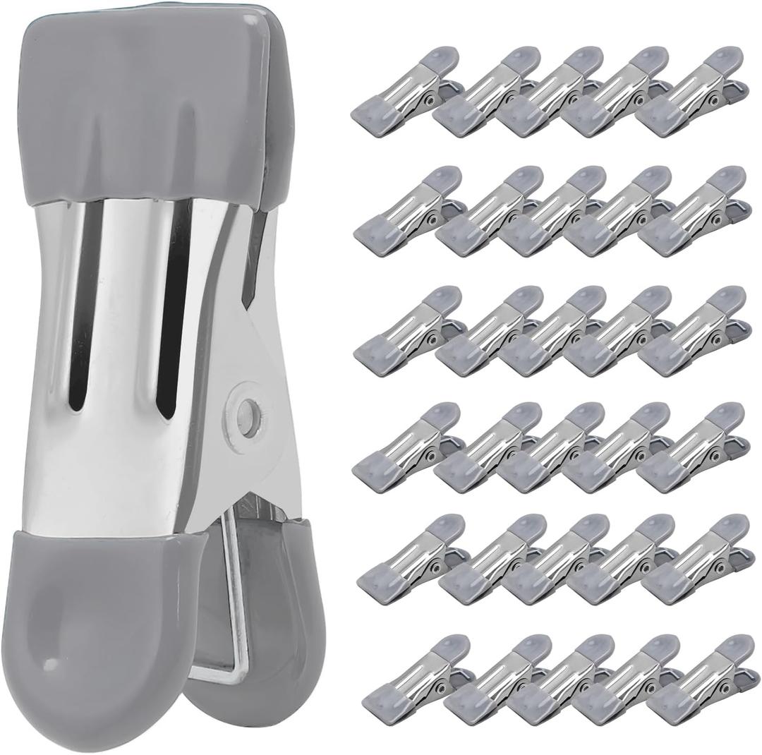 Clothes Pins Heavy Duty 30 Pack - 2.17 Inch Metal Chip Clips, Clothespins for Photo Drying Clothesline Laundry Sock, Bag Clips for Food Kitchen Stainless Steel with Rubber, Gray