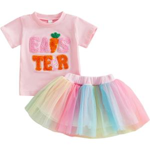 Amnnchya Toddler Girl Easter Outfit Carrot Short Sleeve Kids Baby Tee Shirt Tops Tutu Dress Little Girls Summer Skirt Set (Pink, 3-4T)
