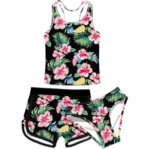 uideazone 3 Piece Bathing Suits for Girls Dry Quick Hawaiian Tropical Style Swimsuit with Shorts Flower Racerback Tankini Swimwear Sets 10t -11t