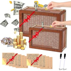 2Packs Money Saving Box Piggy Bank Wooden Coin Bank for Kids Adults boy Girl Reusable Cash Box Money Box Wooden Savings Box with 1k 3k 5k 10k Money Saving Target Best Gift for Friends($10000,Brown)