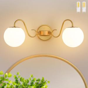 2 Lights Bathroom Vanity Light Fixtures Over Mirror, Brushed Gold Vintage Vanity Lights For Bathroom With Milk White Glass Globe Shade, Wall Lights For Bedroom, Hallway, Dressing Table,Includ G9 Bulbs
