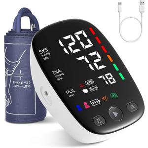 Upper Arm Blood Pressure Monitor with Wide Range Cuff that fits Standard to Large Adult Arms, Large LED Display, Irregular Heartbeat Detector, Clinically Validated, USB-C Power Cable