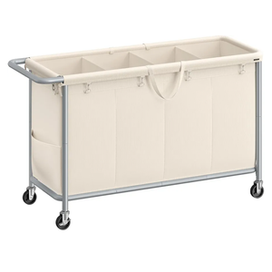 SONGMICS Laundry Basket with Wheels, 4-Section Rolling Laundry Hamper, 68.6 Gallons (260 L), Removable Liner, Steel Frame with Handle, 43.3 x 15.4 x 31.9 Inches, Cream White URLS014W01
