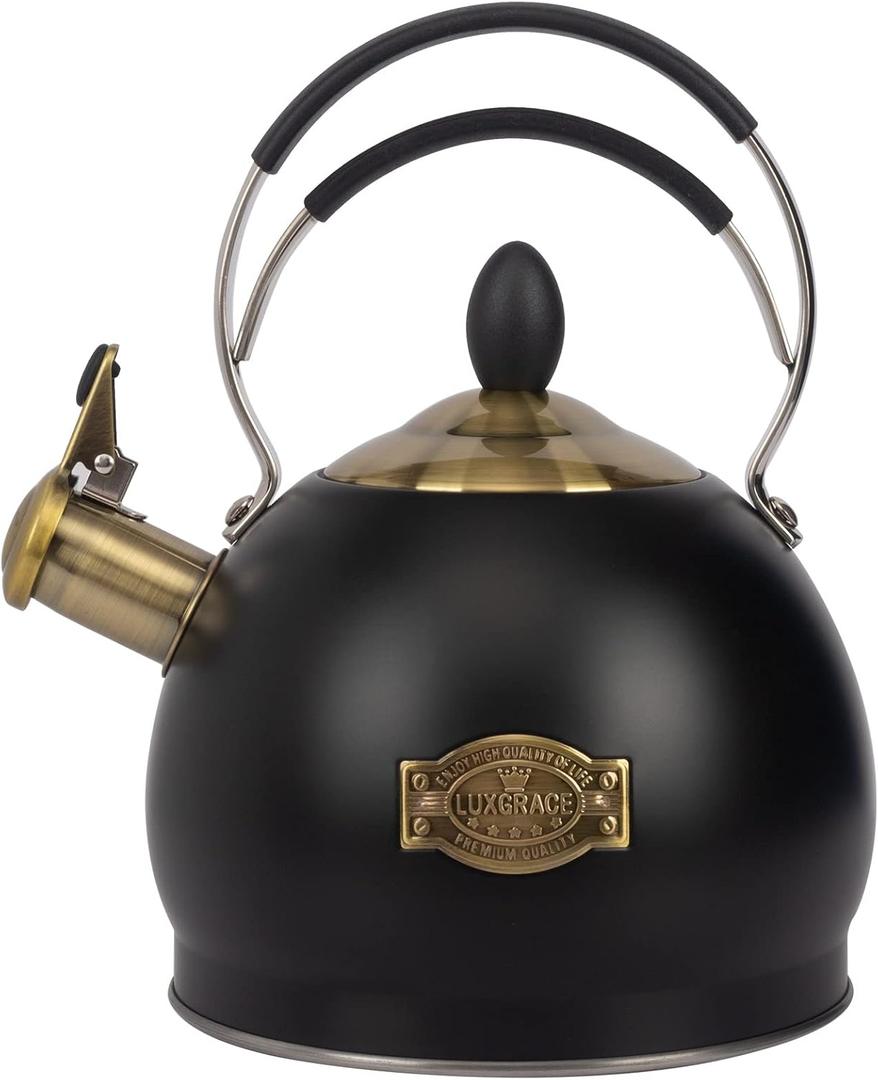 Whistling Tea Kettle Stainless Steel Teapot, Teakettle for Stovetop Induction Stove Top, Fast Boiling Heat Water Tea Pot 2.6 Quart (Black)