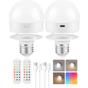 GOEBLESON Rechargeable Light Bulbs with Remote Control, Battery Operated Light Bulbs, 3 Timer 15 Colors Selectable, Dimmable Wireless RGB LED Bulb for Wall Sconce, Non-Hardwired, 2 Pack, R01YBP206