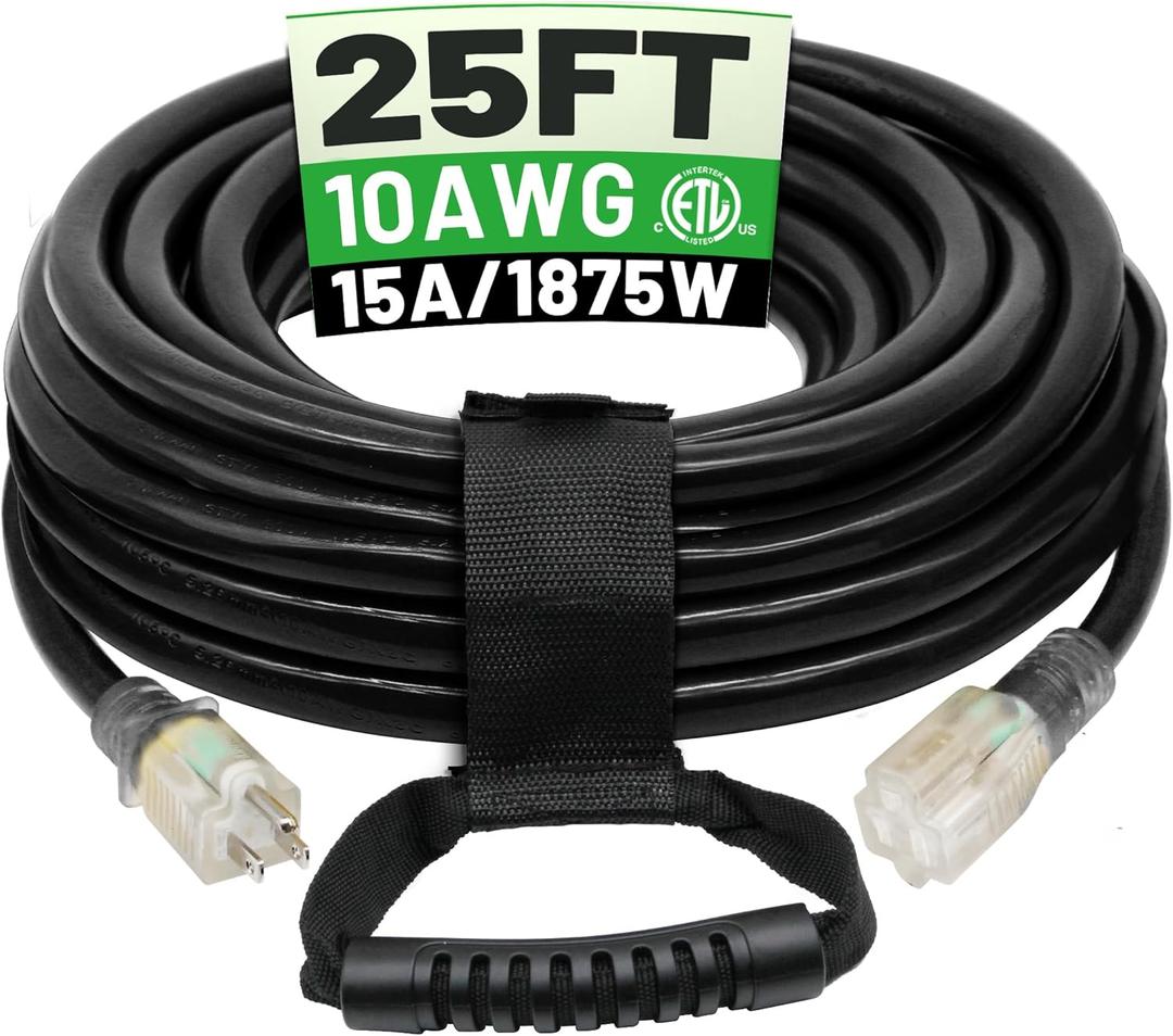 POWGRN 25 Ft 10AWG Black Outdoor Extension Cord Waterproof Heavy Duty 10 Gauge 3 Prong, Flexible Cold-Resistant Power Cord Indoor & Outside with Lighted Indicator End, 15Amp 1875W SJTW ETL Listed
