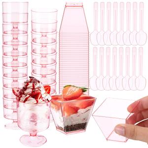 Funnymoom 100 Pack 2oz Mini Dessert Cups with Spoons Small Clear Plastic Dessert Parfait Cup Square Appetizer Pudding Cups Round Goblet Shooters for Pudding Fruit Yogurt Ice Cream Mousse (Pink)